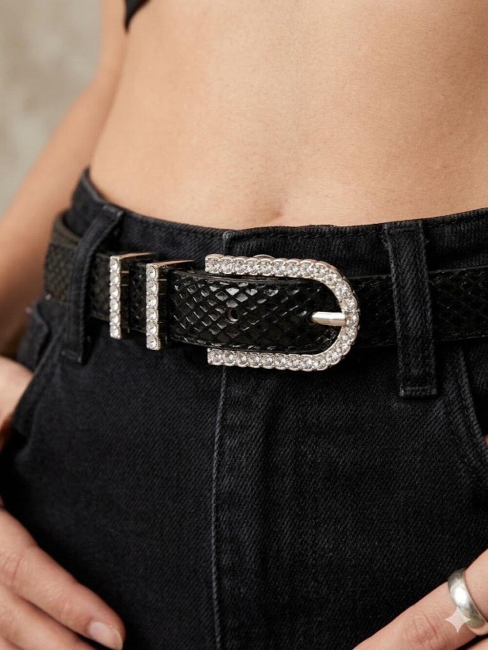 Cache Black Snakeskin Pattern Silver Hardware Rhinestones Belt S